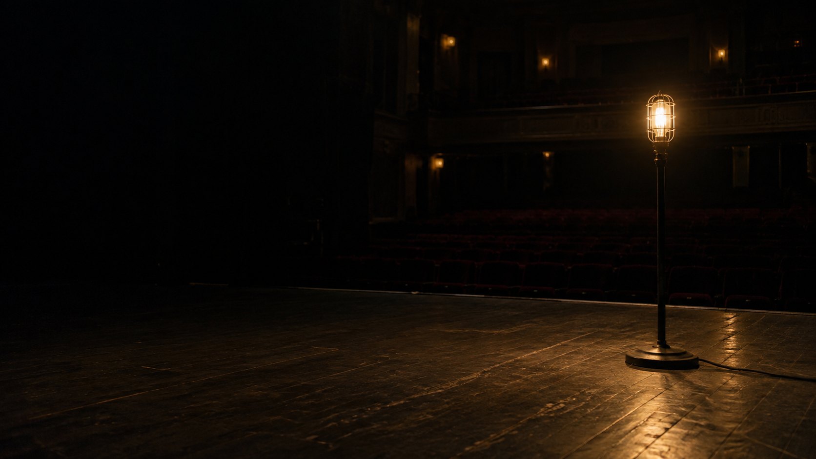 An empty stage lit by a single caged bulb on a stand