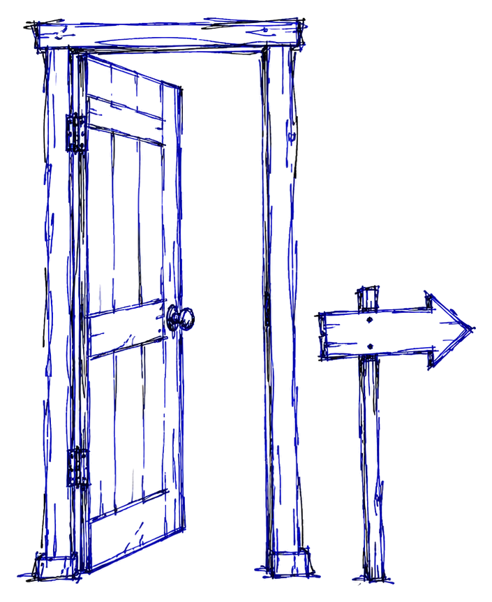 A door standing on its own with nothing behind it, beside a signpost
