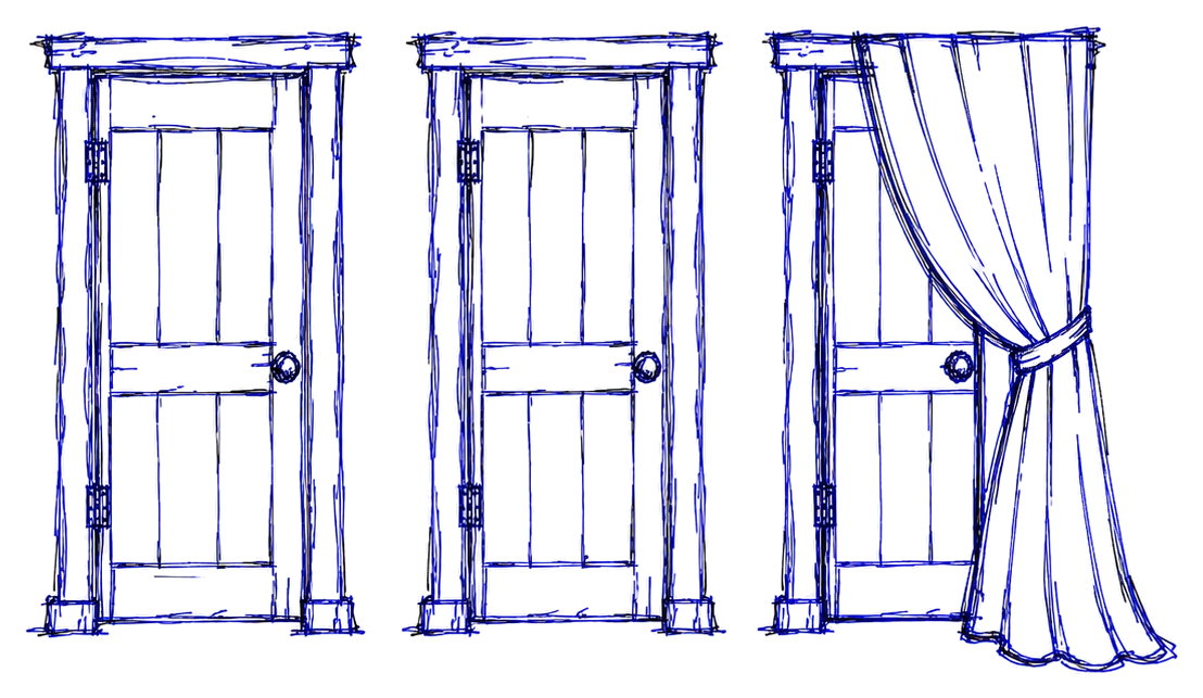 Three stage doors, the third half hidden behind a curtain