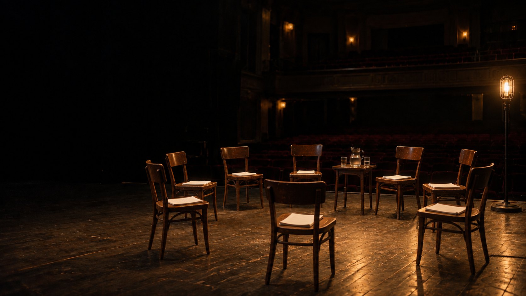 The same stage with working lights up and chairs set out for rehearsal